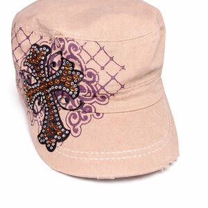 Embellished Tan Cap with Cross Design